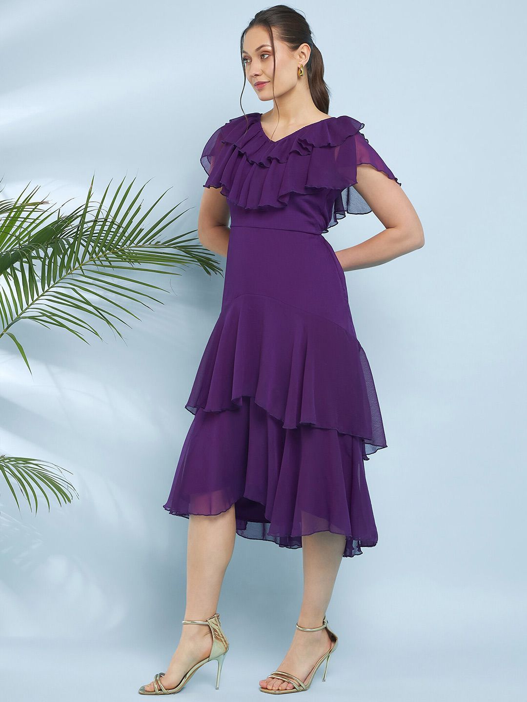 Antheaa V-Neck Flutter Sleeve Fit & Flare Midi Dress