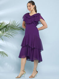 Antheaa V-Neck Flutter Sleeve Fit & Flare Midi Dress