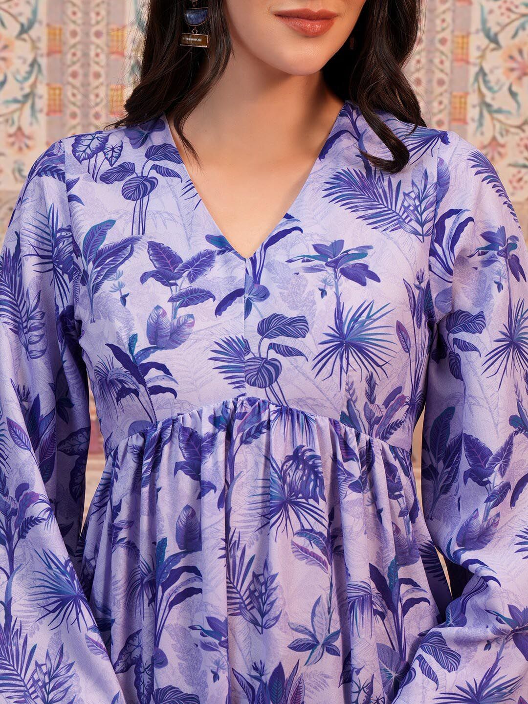 Vishudh Lavender Floral Printed A-Line Kurta
