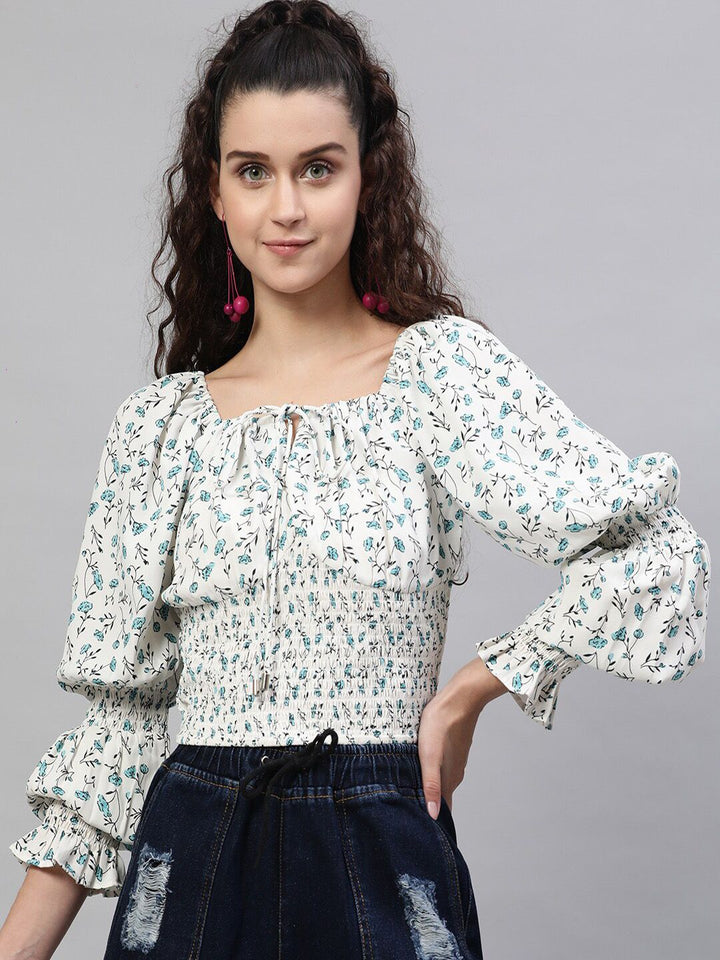 STREET 9 Cream-Coloured & Turquoise Blue Floral Printed Tie-Up Neck Puff Sleeves Blouson Top