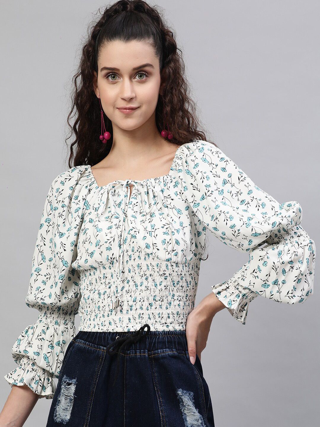 STREET 9 Cream-Coloured & Turquoise Blue Floral Printed Tie-Up Neck Puff Sleeves Blouson Top