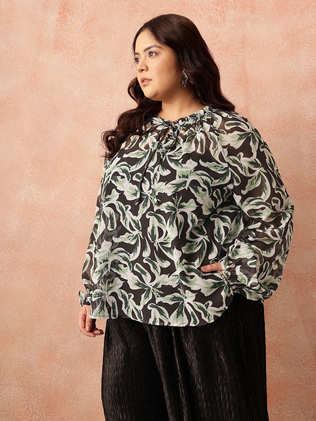 all about you Plus Size Floral Print Tie-Up Neck Raglan Sleeves Semi-Sheer Georgette Top