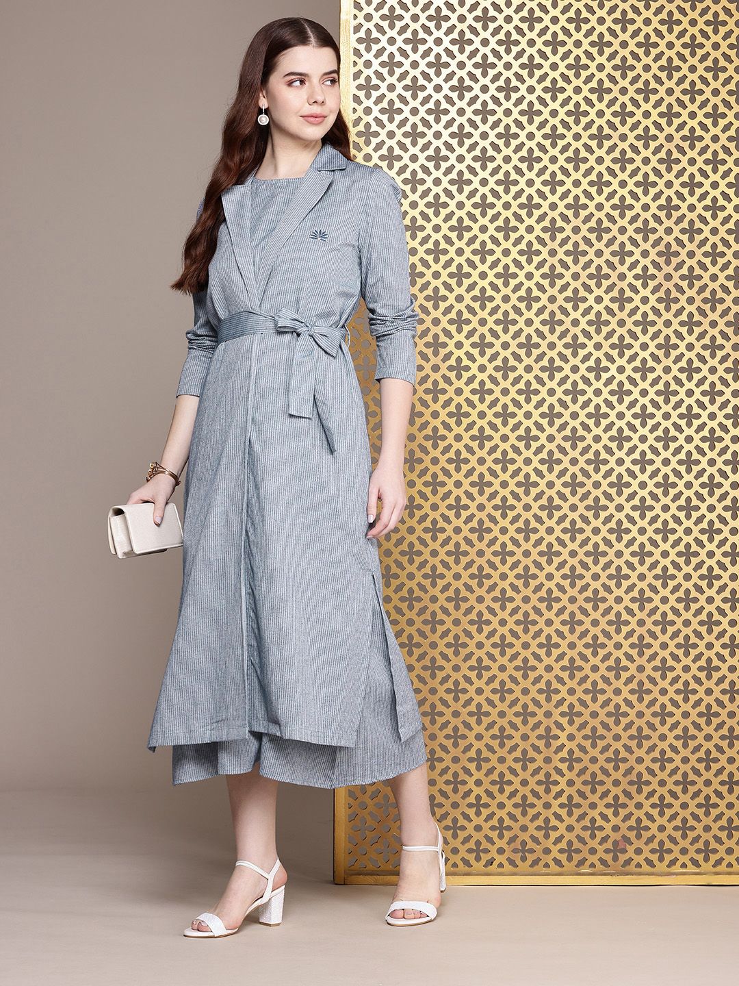House of Pataudi Pure Cotton Striped A-Line Midi Jashn Dress With Overcoat