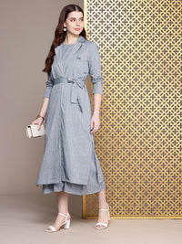 House of Pataudi Pure Cotton Striped A-Line Midi Jashn Dress With Overcoat