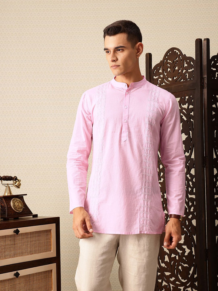 House of Pataudi Floral Embroidered Band Collar Pure Cotton Jashn Kurta
