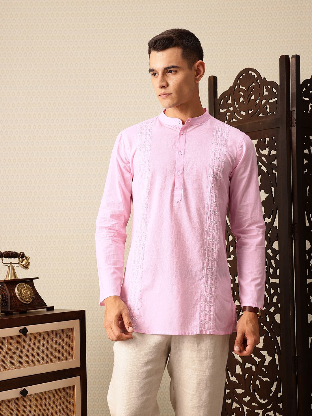 House of Pataudi Floral Embroidered Band Collar Pure Cotton Jashn Kurta