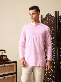 House of Pataudi Floral Embroidered Band Collar Pure Cotton Jashn Kurta