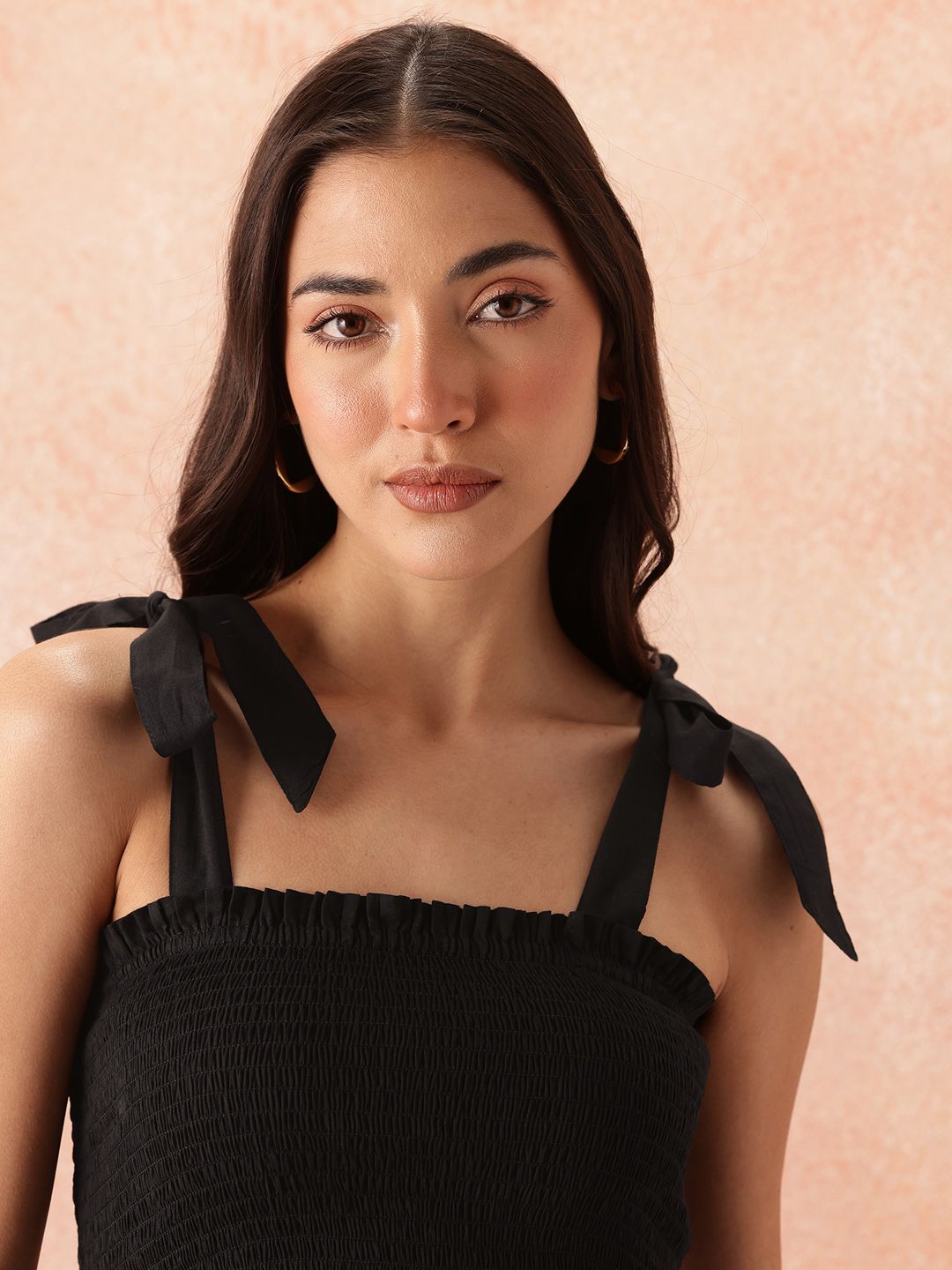 all about you Smocked Effect Tie-Up Detail Shoulder Straps Pure Cotton Peplum Top