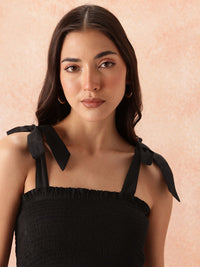 all about you Smocked Effect Tie-Up Detail Shoulder Straps Pure Cotton Peplum Top