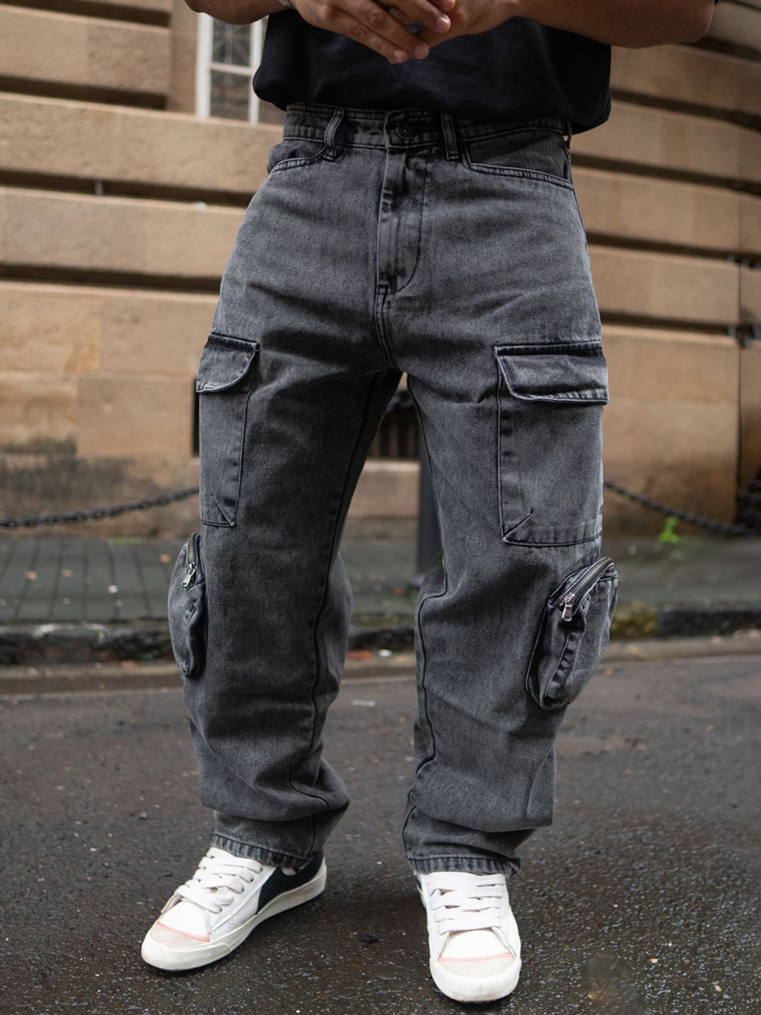 Powerlook Men Cotton Loose Baggy Fit Cargo Trousers