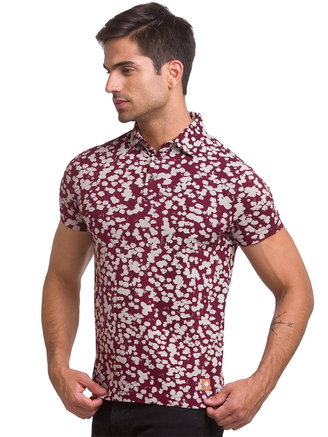 Being Human Men Maroon & White Floral Printed Polo Collar T-shirt