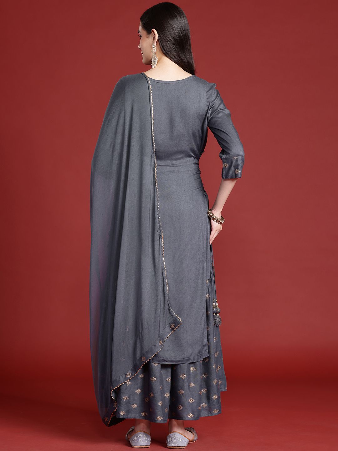 Anouk Ethnic Printed Yoke Embroidered Layered Kurta with Dupatta