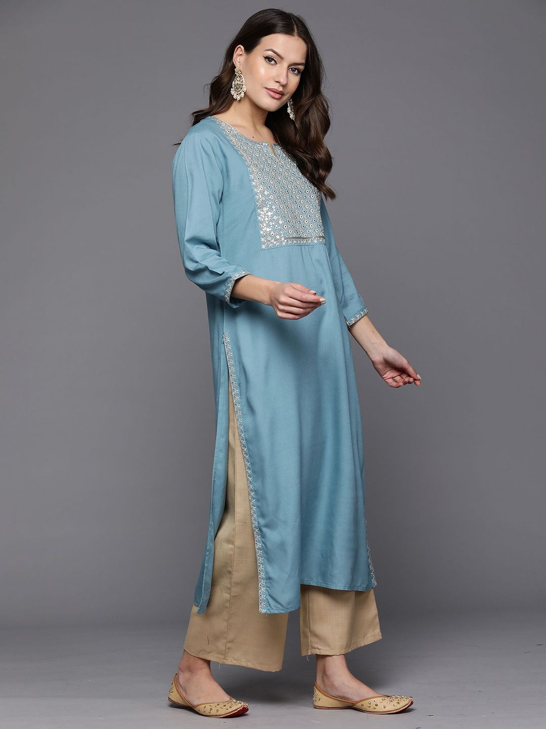 Indo Era Geometric Embroidered Mirror Work Straight Kurta