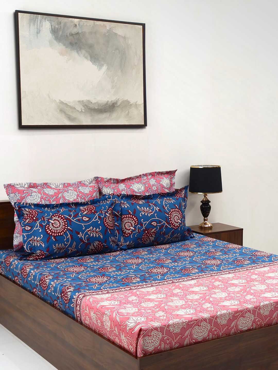 BOMBAY DYEING Peach Coloured Ethnic Printed Cotton 300 TC King Bedsheet & 4 Pillow Cover