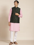 SOJANYA Men Pink Ethnic Motifs Chikankari Pure Cotton Kurta with Churidar & Nehru Jacket