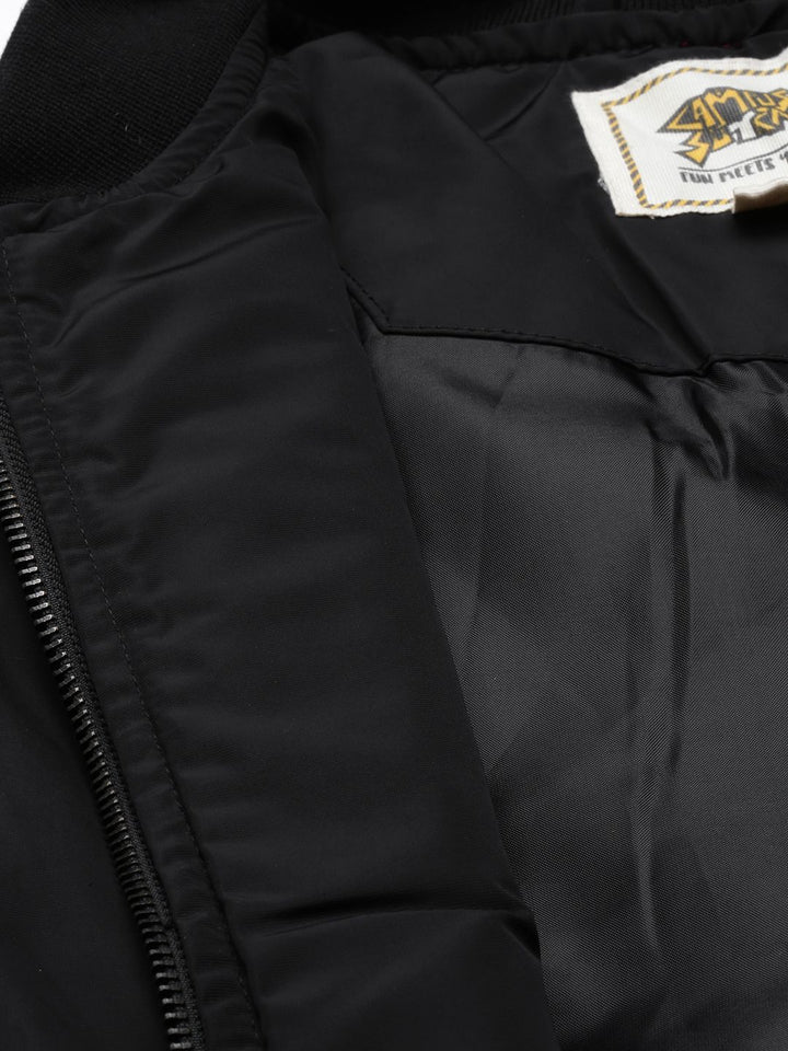 Campus Sutra Women Black& Maroon Colourblocked Windcheater Outdoor Bomber Jacket