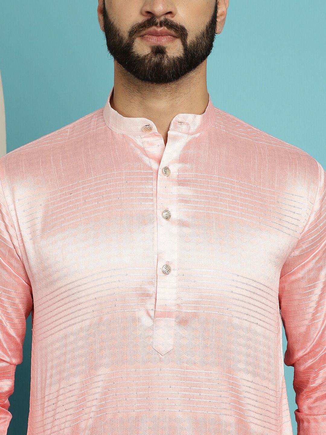 SOJANYA Geometric Woven Design Band Collar Jacquard Silk Kurta With Churidar