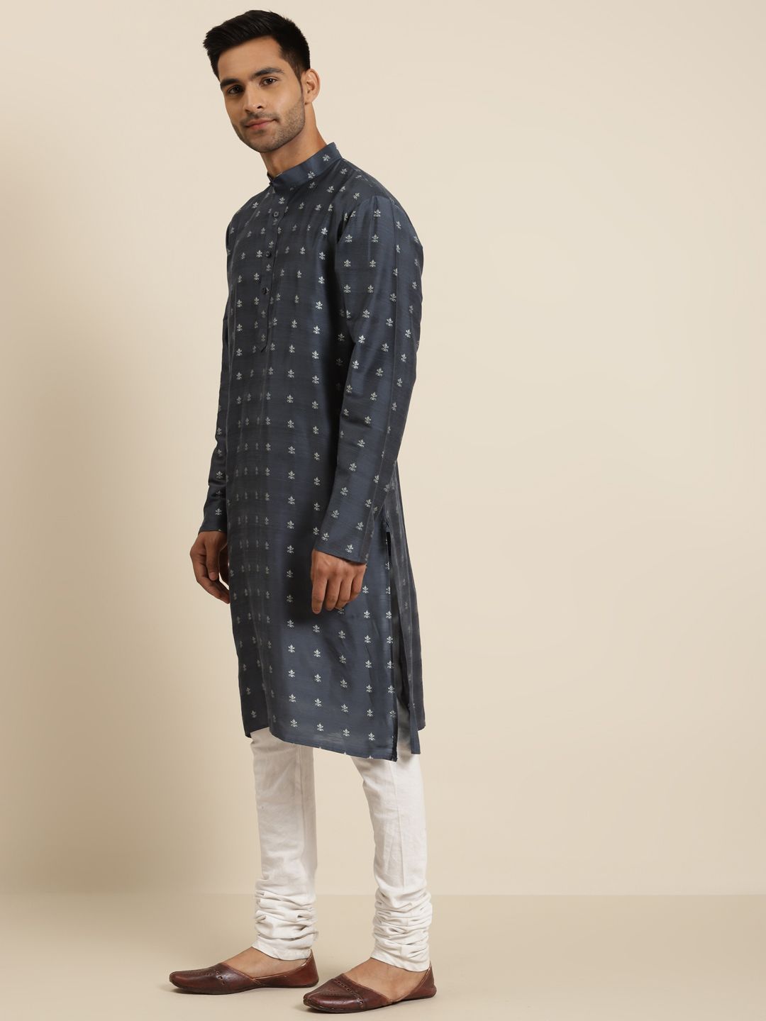 SOJANYA Men Charcoal Grey & Off White Ethnic Motifs Kurta