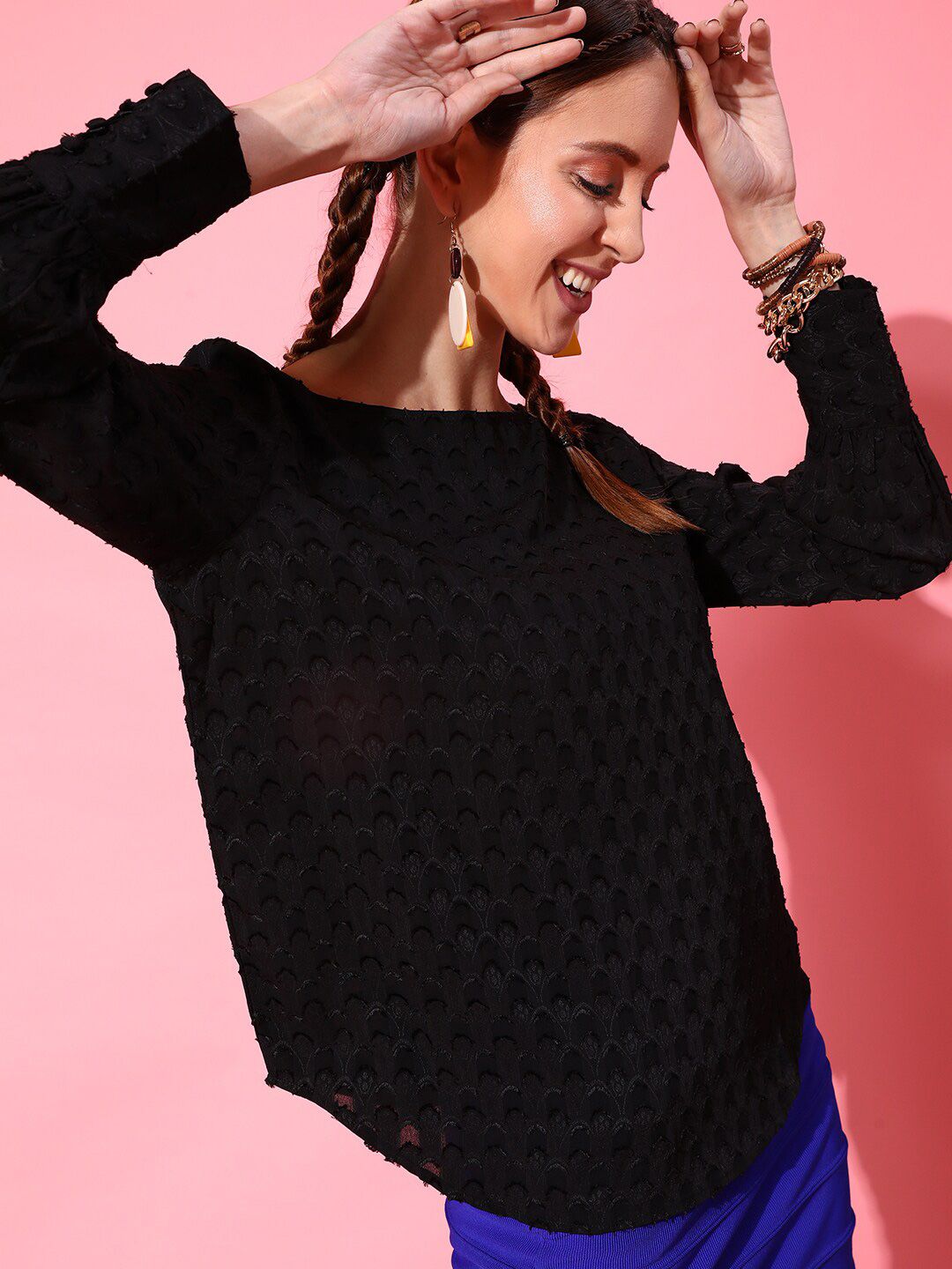 STREET 9 Black Solid Jacquard Top