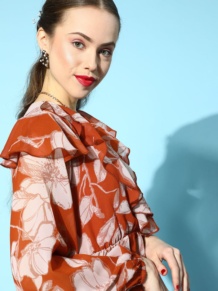 SASSAFRAS Brown & Beige Floral Print Ruffles Top
