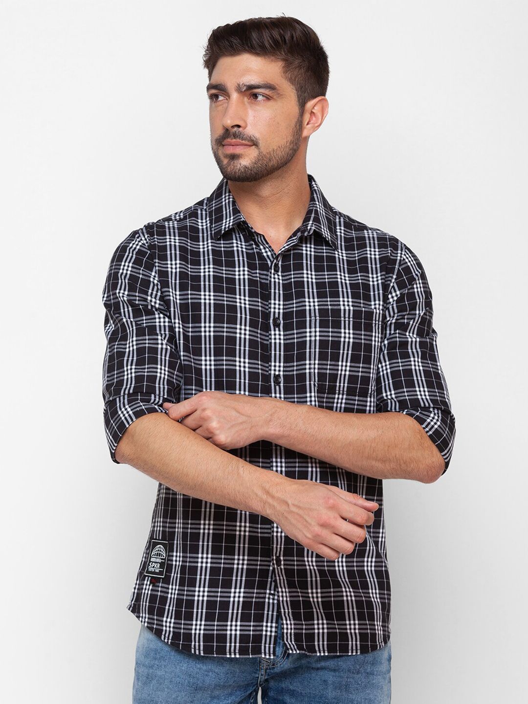 SPYKAR Men Black Slim Fit Tartan Checks Casual Shirt