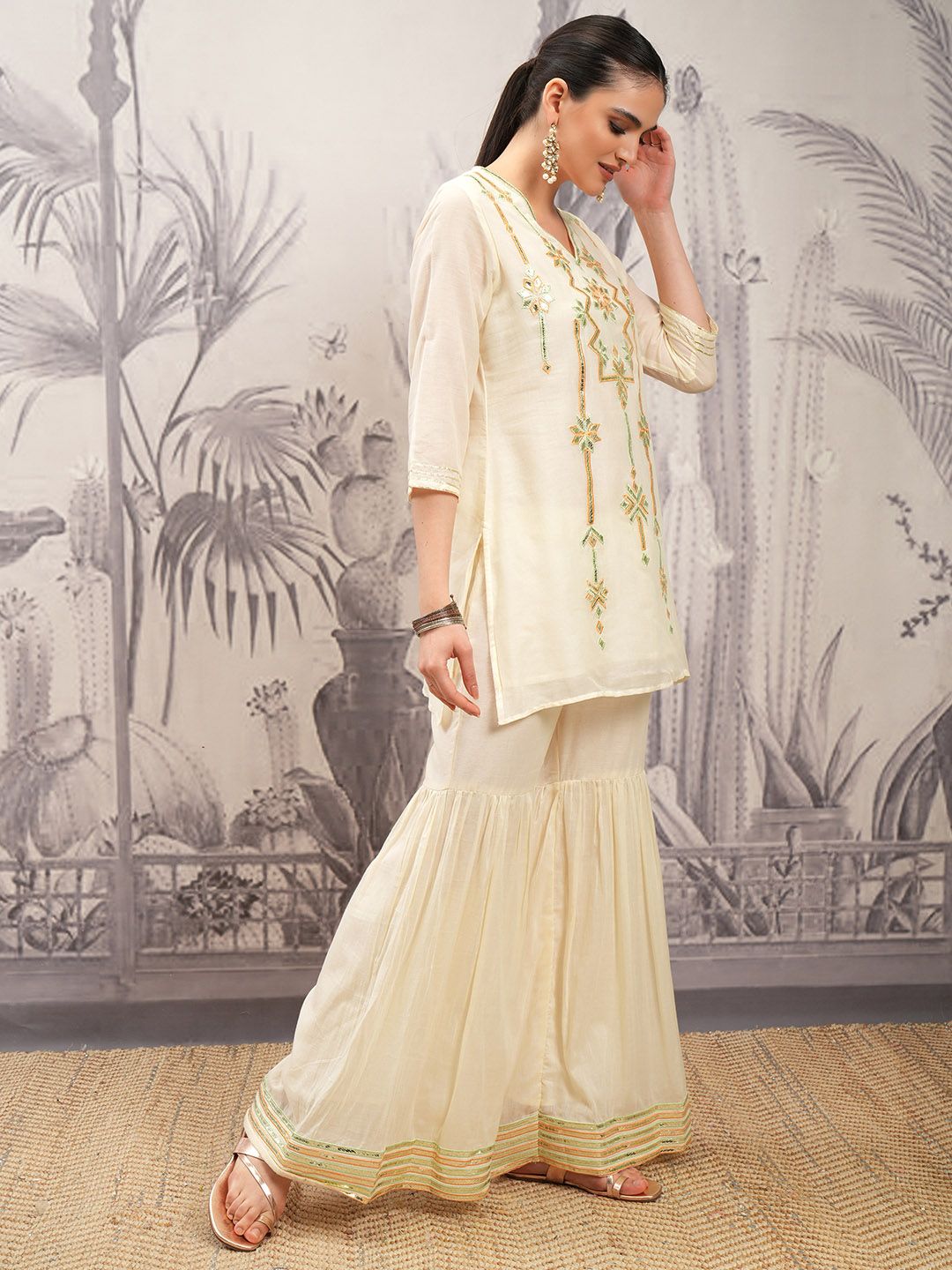 Vishudh Cream Ethnic Motifs Sequinned Pure Cotton Straight Kurta With Sharara & Dupatta