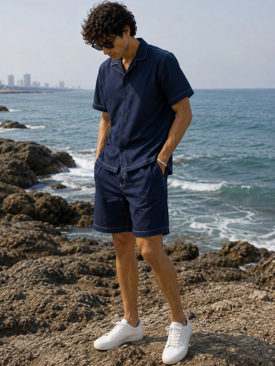 Eszett Biru Bertekstur Spread Collar Baju Kapas Tulen Dengan Seluar Pendek Set Co-Ord