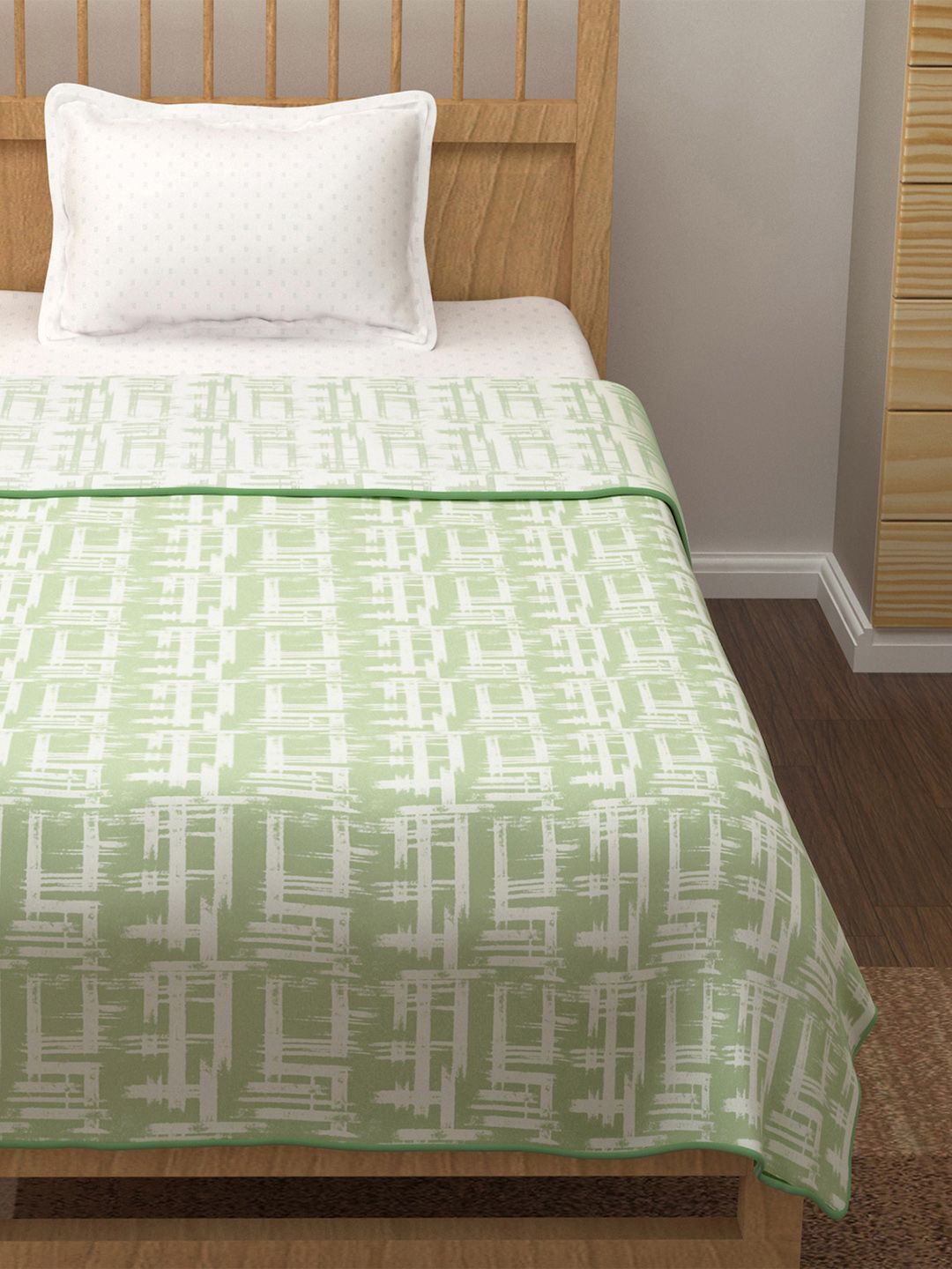 Story@home White & Green Striped AC Room 150 GSM Reversible Cotton Single Bed Dohar