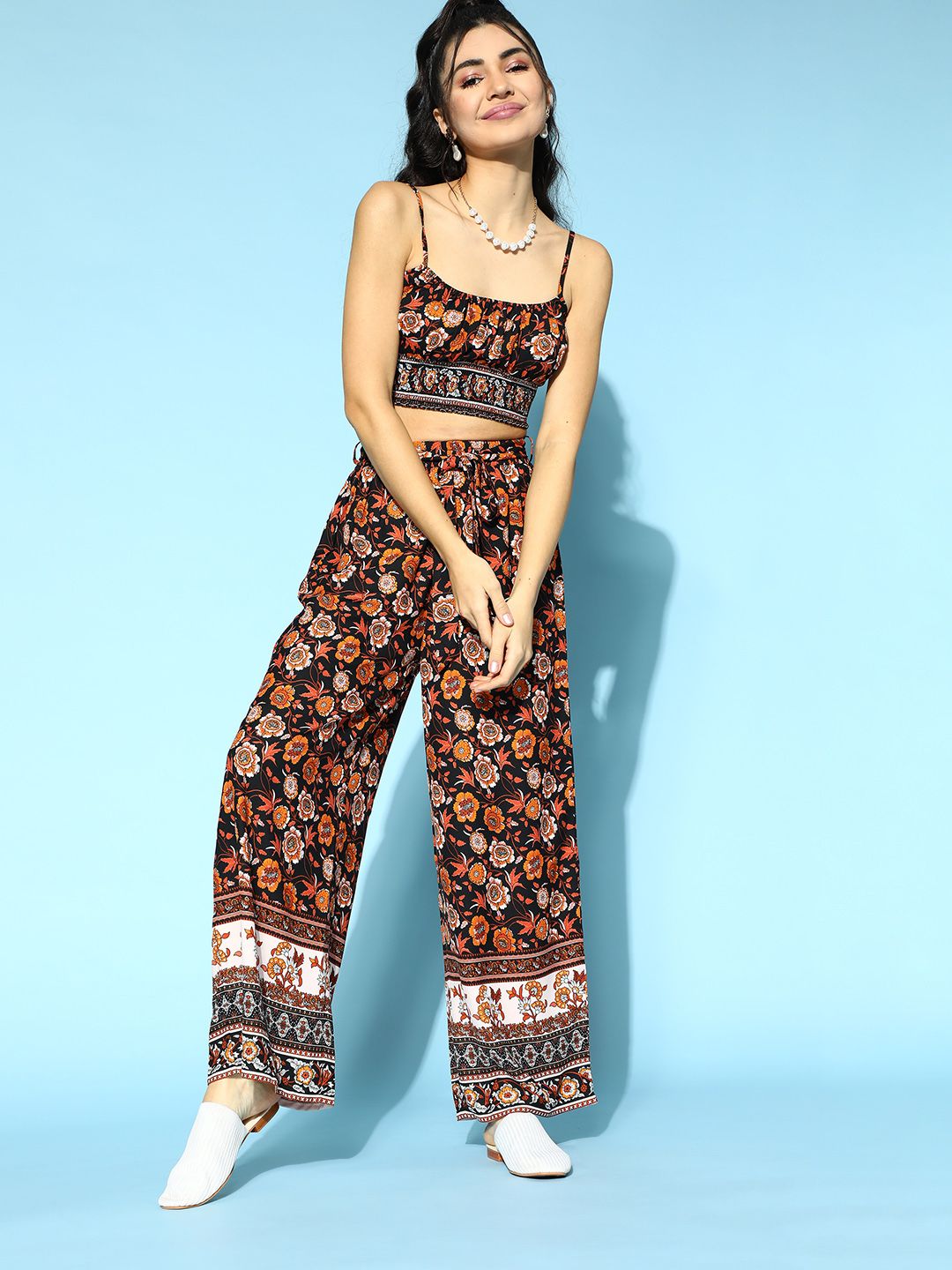 Berrylush Women Stylish Black Printed Top with Trousers