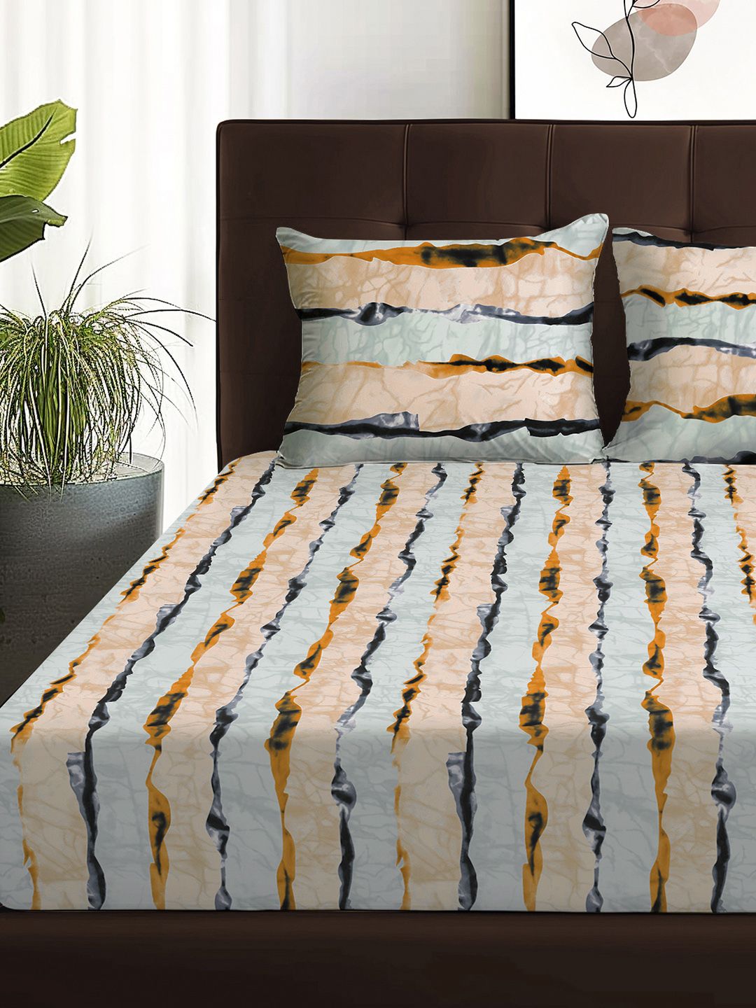 Story@home Arena Cream-Coloured & Grey Printed 180 TC Queen Bedsheet & 2 Pillow Covers