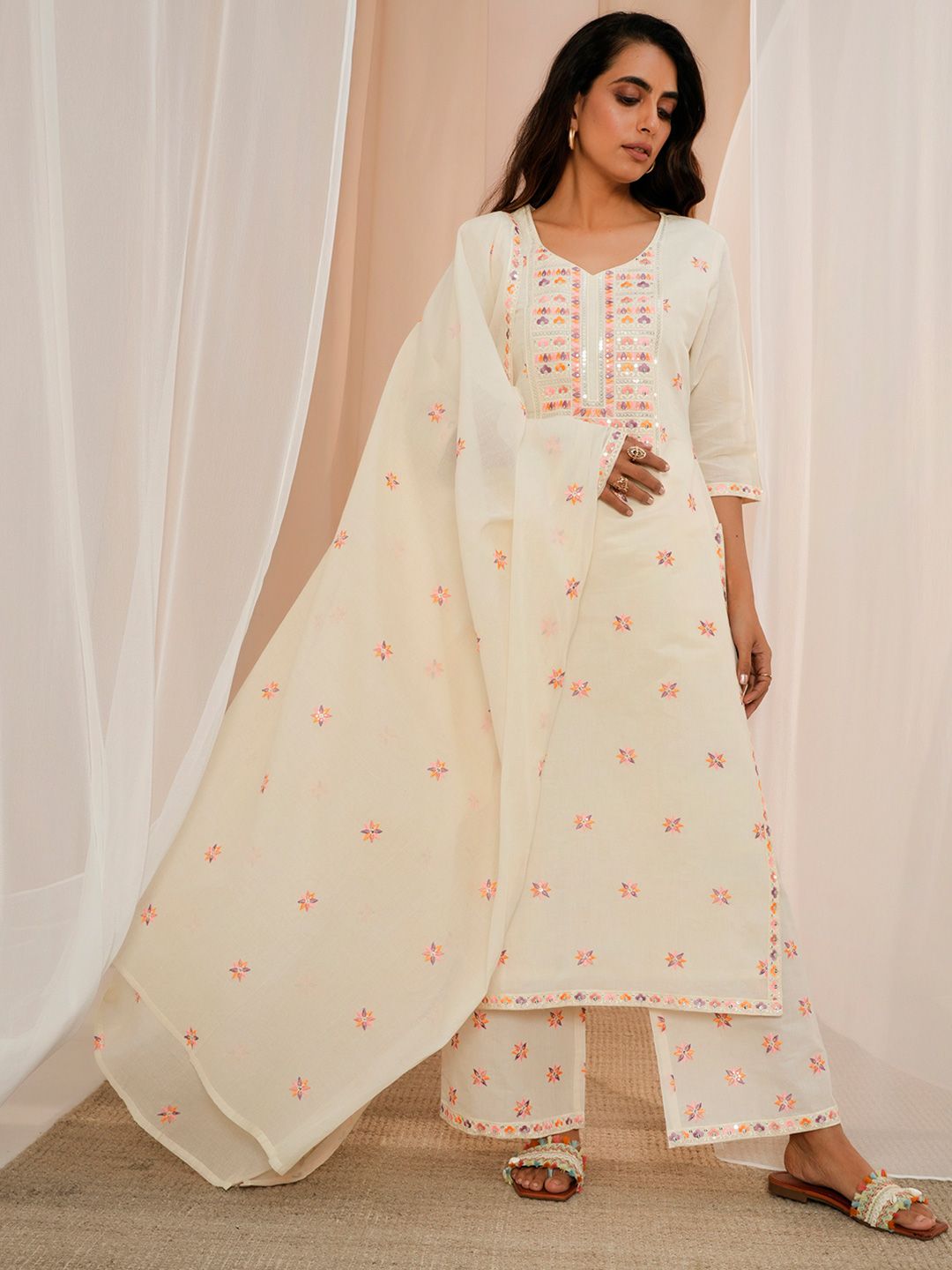 Libas Floral Embroidered Thread Work Pure Cotton Kurta With Palazzos & Dupatta