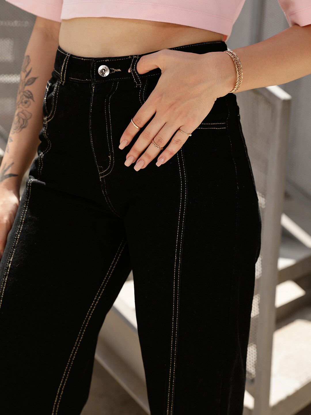 STREET 9 Women Black Relaxed Straight Leg Loose Fit High-Rise Pure Cotton Trousers