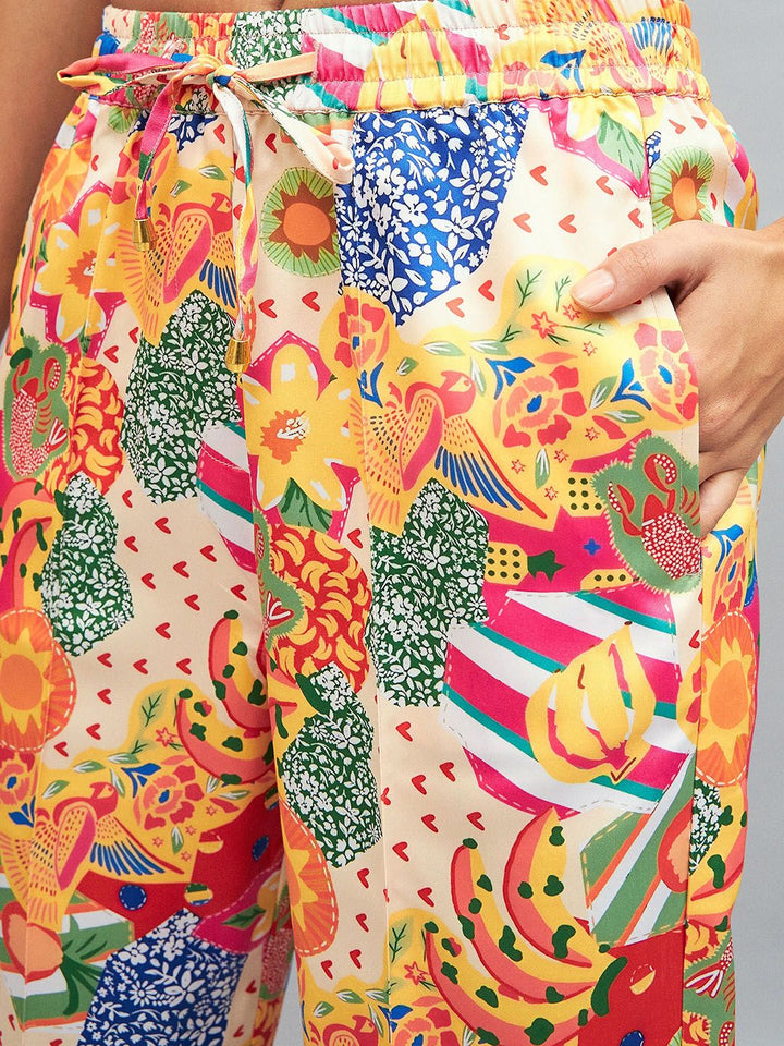 SASSAFRAS Yellow Women Floral Printed Straight Fit Trousers