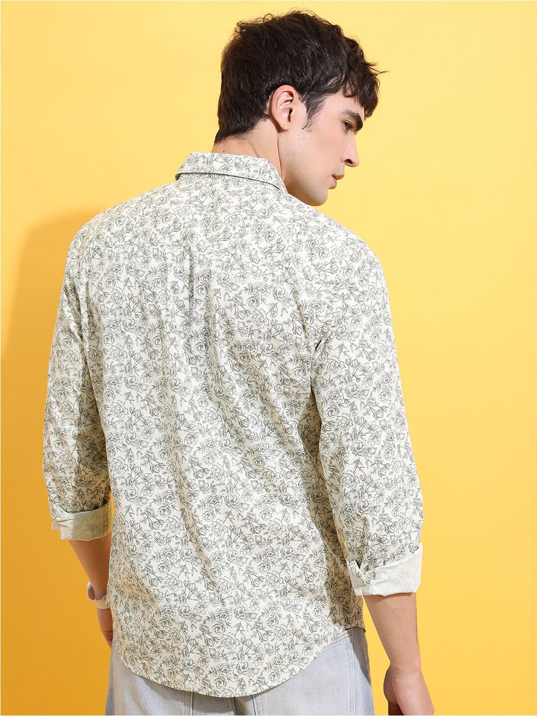HIGHLANDER Lime Green Floral Printed Spread Collar Slim Fit Cotton Casual Shirt