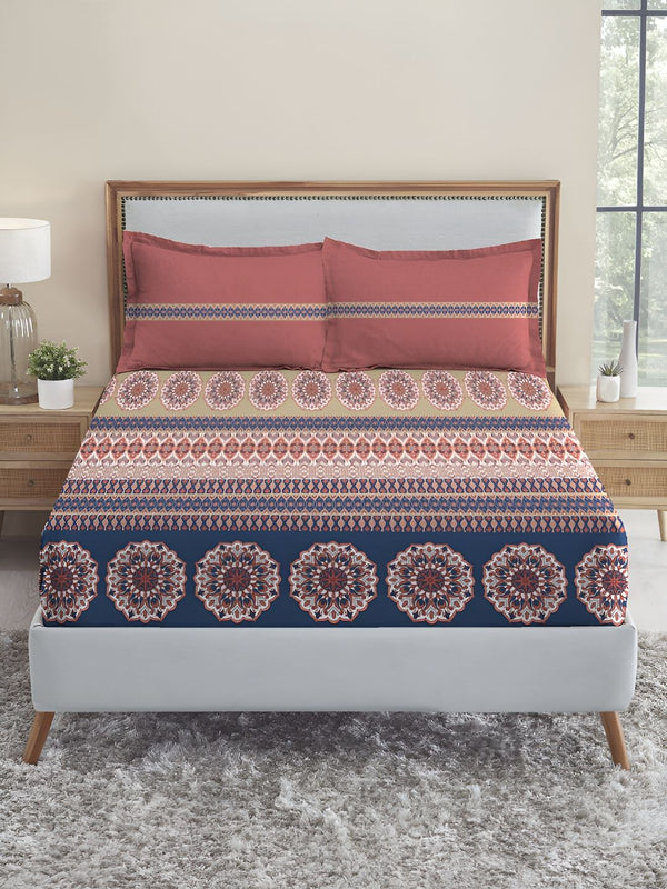 MYTRIDENT Blue & Orange Geometric 210 TC Cotton King Bedsheet with 2 Pillow Covers