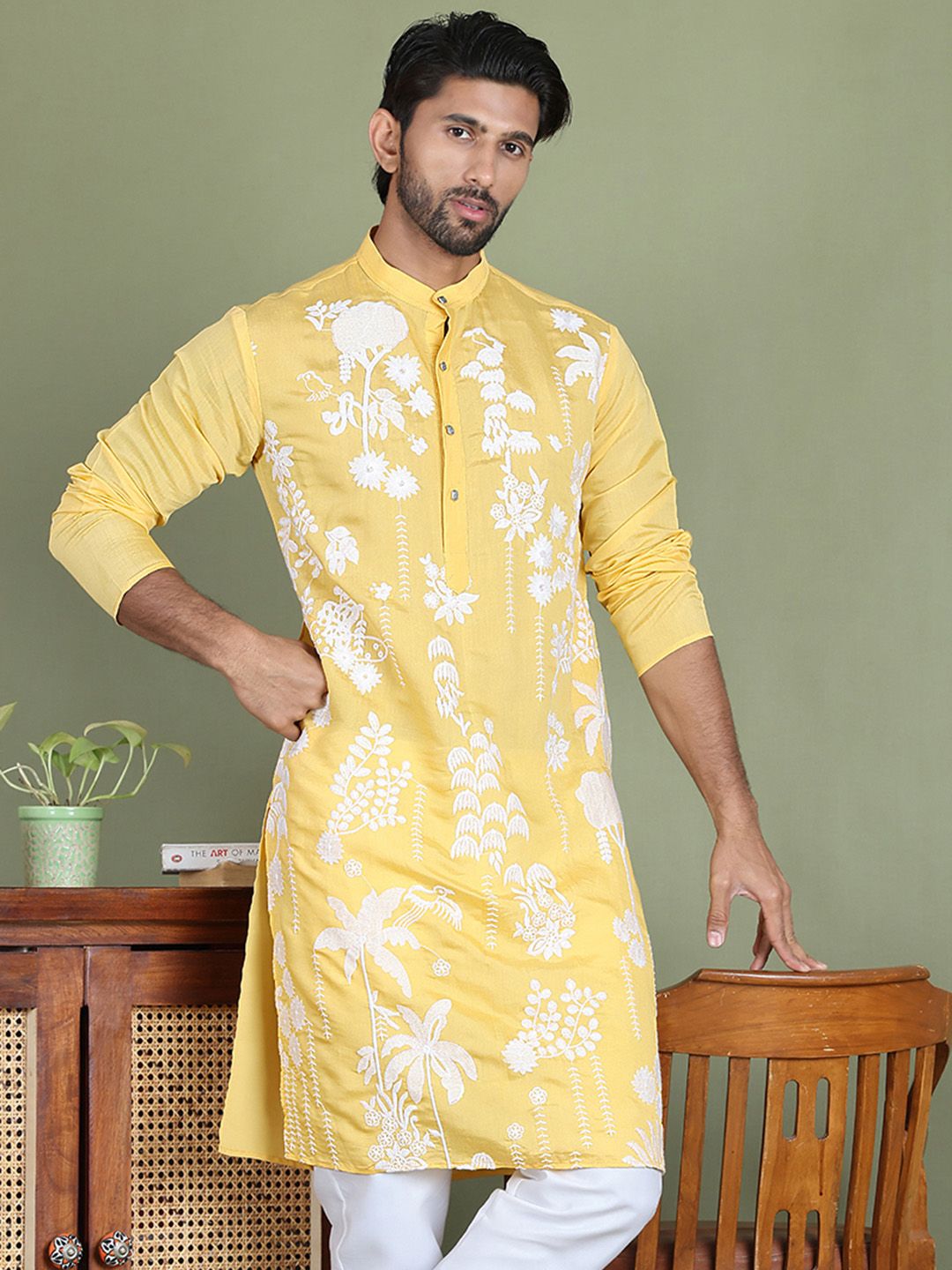 Jompers Floral Embroidered Band Collar Straight Kurta