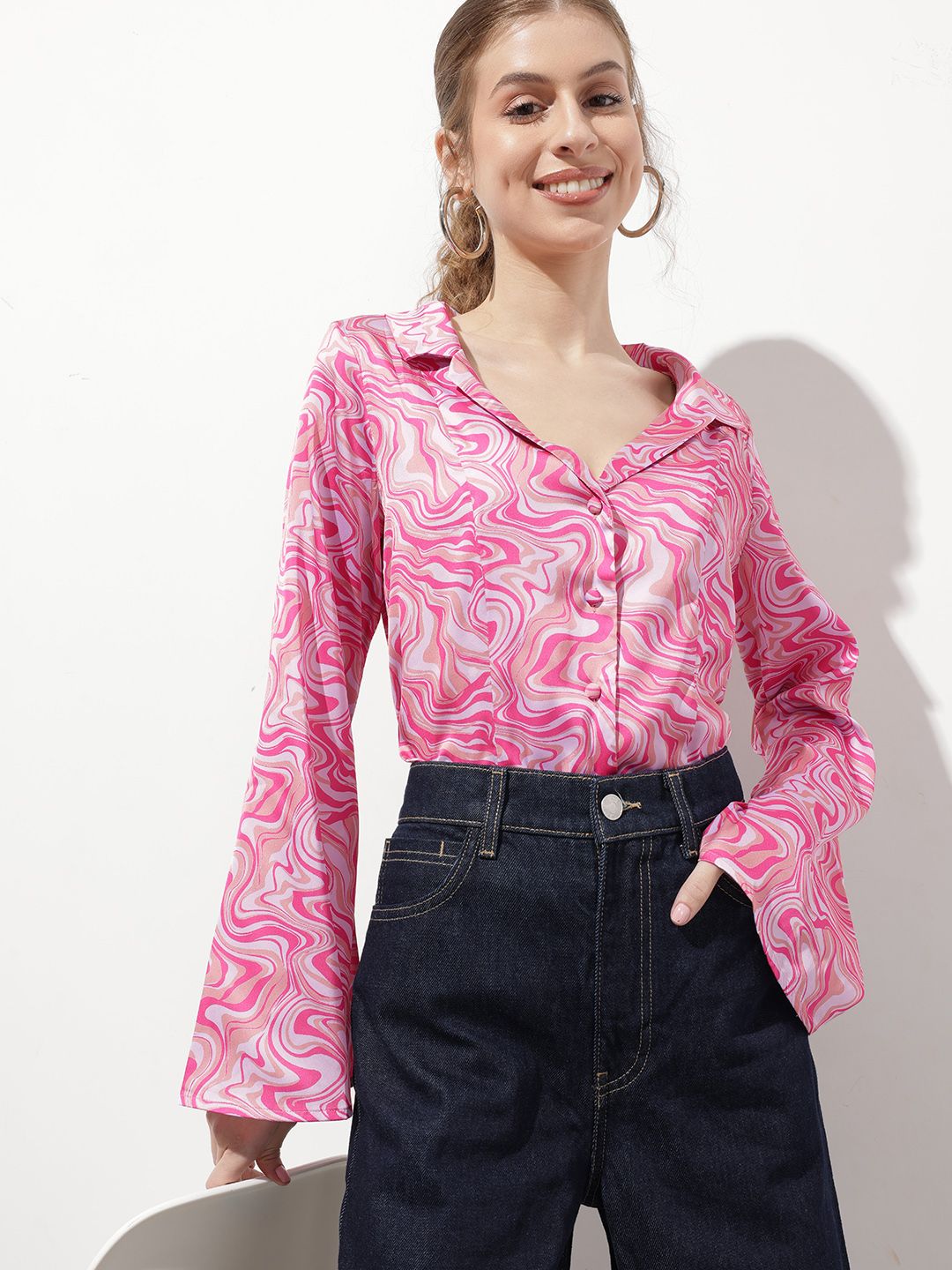 DressBerry Color-Pop Marble Mix Lapel Collar Shirt