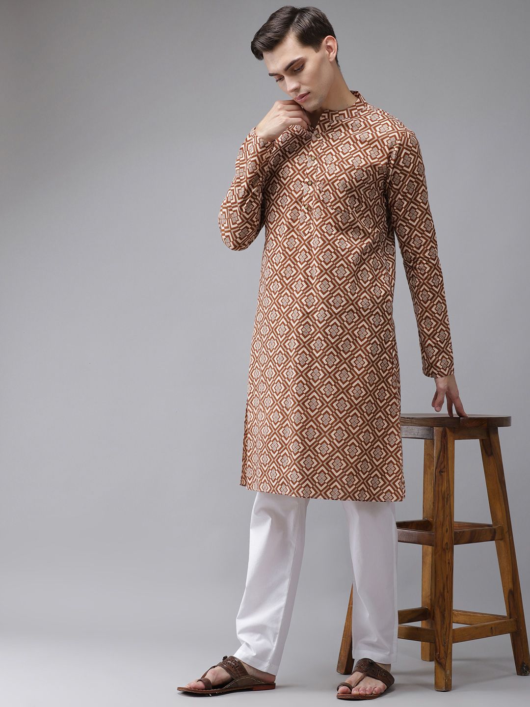 See Designs Men Beige Printed Regular Pure Cotton Kurta with Pyjamas