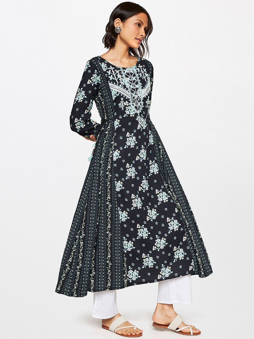 Global Desi Floral Printed Mirror Work A-Line Kurta