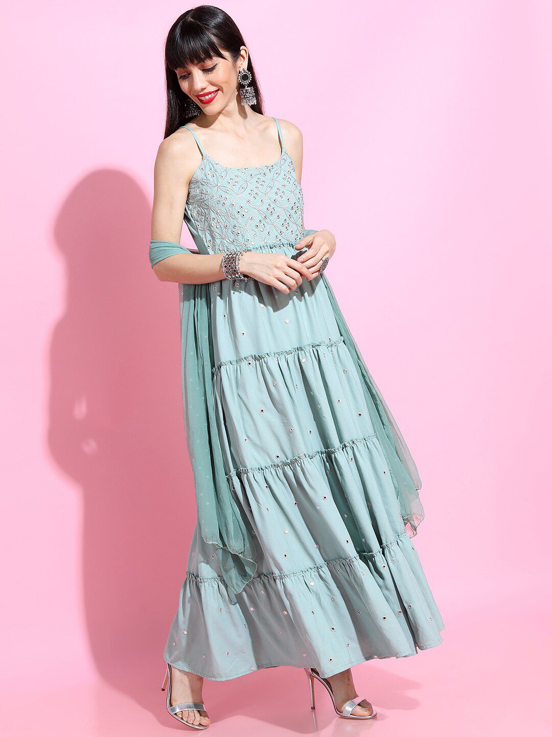 Vishudh Women Sea Green & Silver-Coloured Strappy Tiered Dress With Dupatta