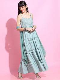 Vishudh Women Sea Green & Silver-Coloured Strappy Tiered Dress With Dupatta