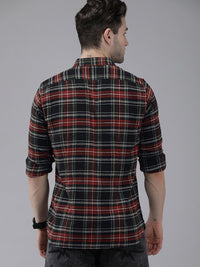 THE BEAR HOUSE Men Black & Red Slim Fit Tartan Checked Flannel Pure Cotton Casual Shirt