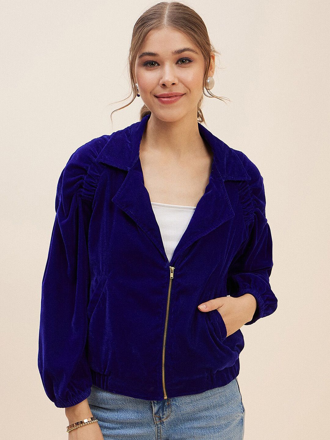 Antheaa Blue Lapel Collar Long Sleeves Velvet Bomber Jacket