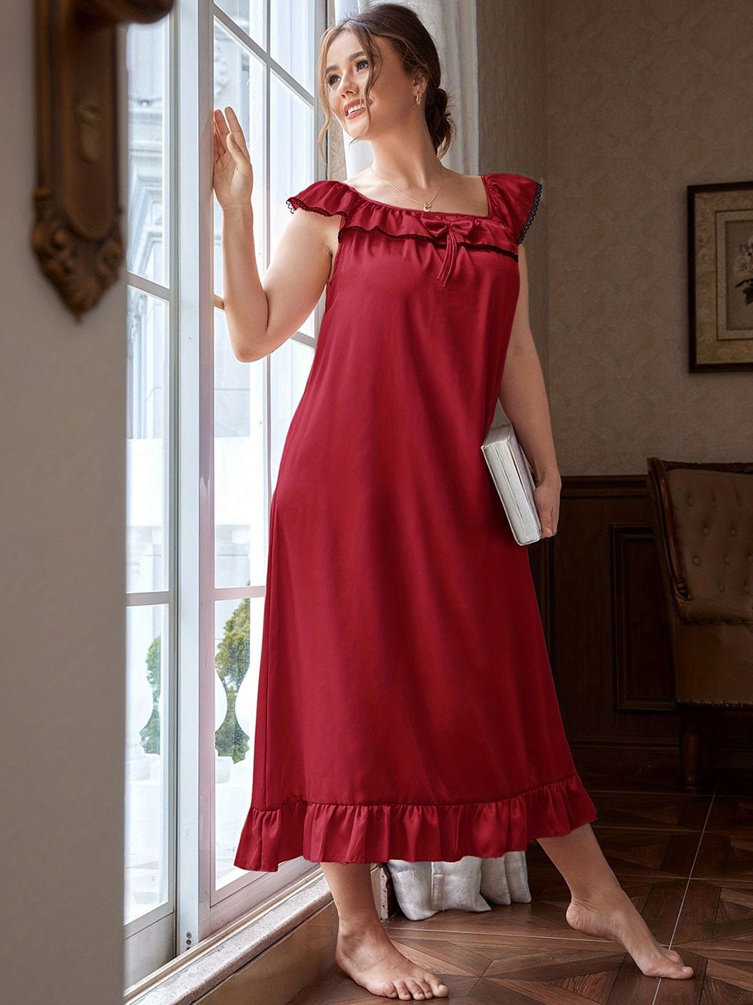 DressBerry Round Neck Bow Detail Sleeveless Frill Maxi Nightdress