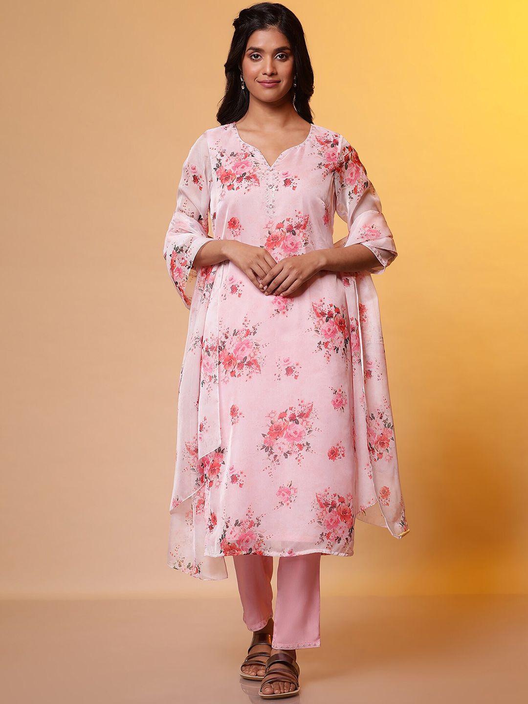AURELIA Floral Printed Regular Thread Work Straight Kurta with Trousers & Dupatta
