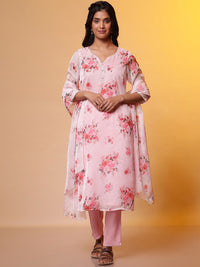 AURELIA Floral Printed Regular Thread Work Straight Kurta with Trousers & Dupatta
