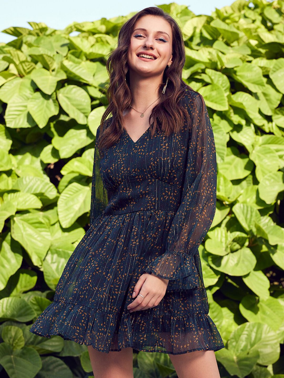 STREET 9 Green & Orange Floral Printed Fit & Flare Dress
