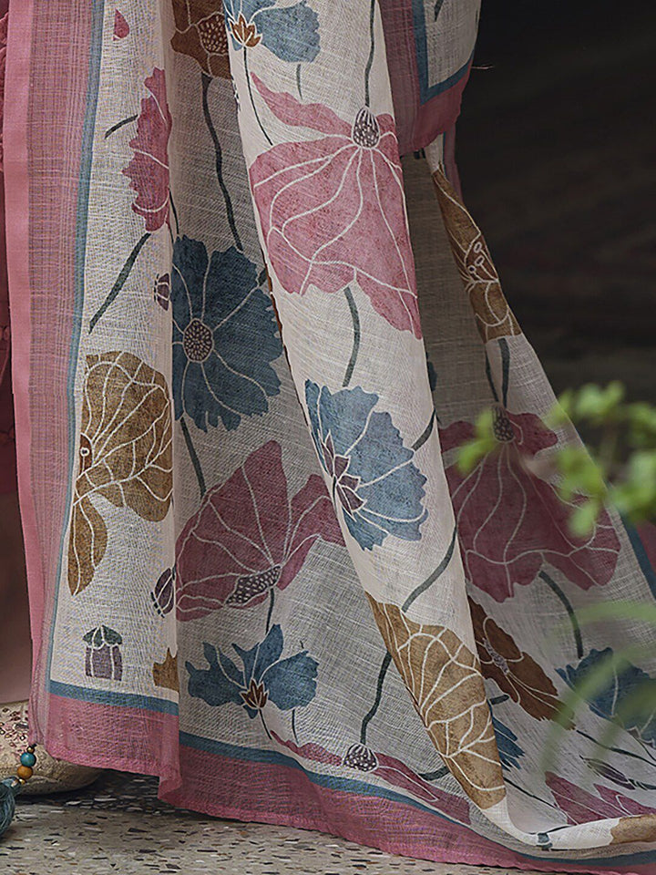 Indo Era Pink & Blue Floral Printed Thread Work Linen Kurta Set