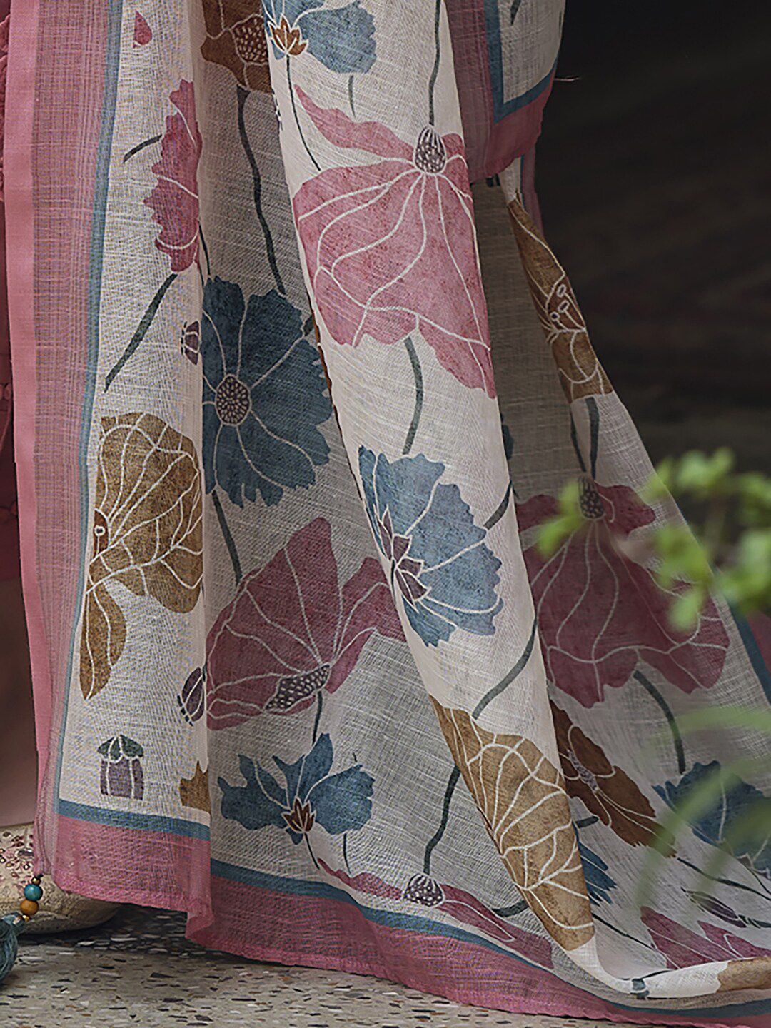 Indo Era Pink & Blue Floral Printed Thread Work Linen Kurta Set
