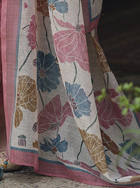 Indo Era Pink & Blue Floral Printed Thread Work Linen Kurta Set